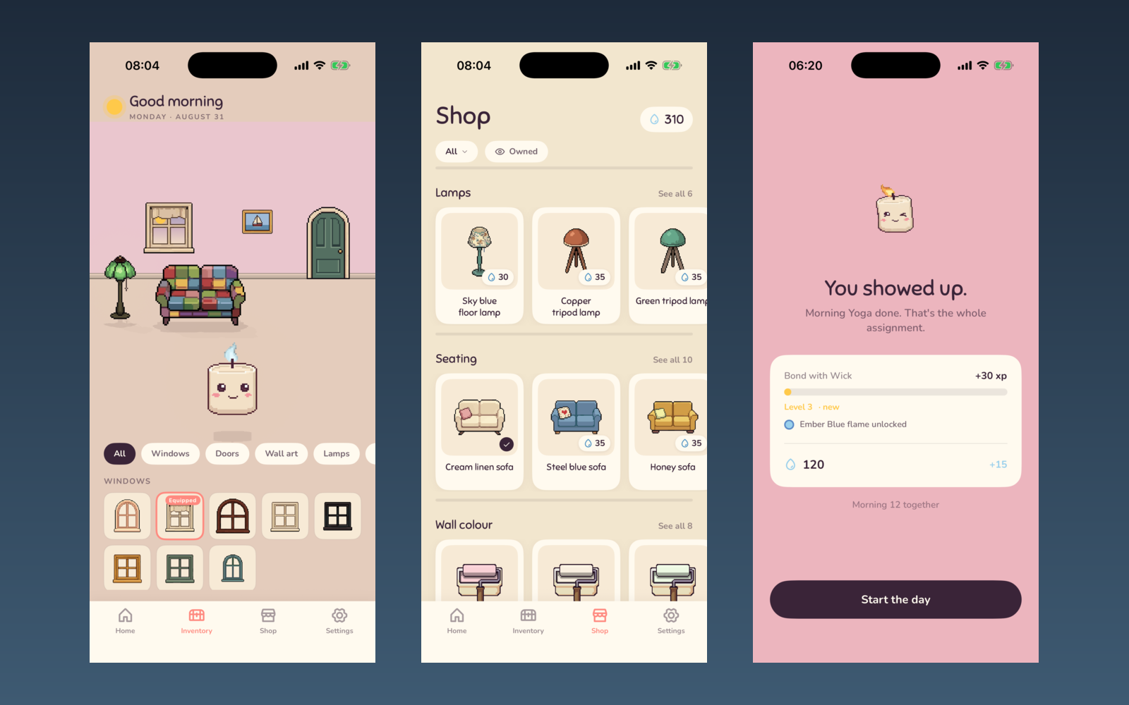 Dawnling inventory, shop, and celebration screens
