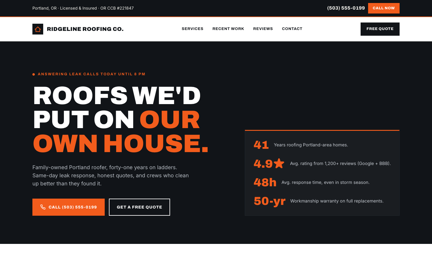 Ridgeline Roofing Co. — design study hero