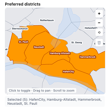 Visual district picker showing Hamburg districts on a map