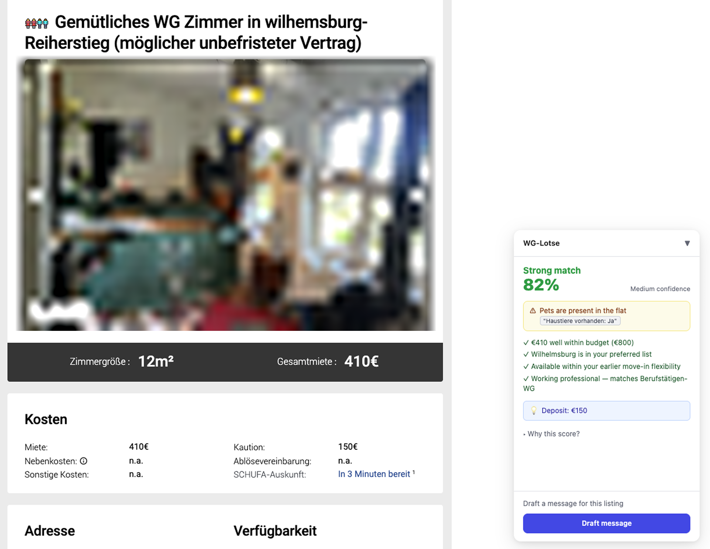 WG-Lotse summary card injected inline on a listing