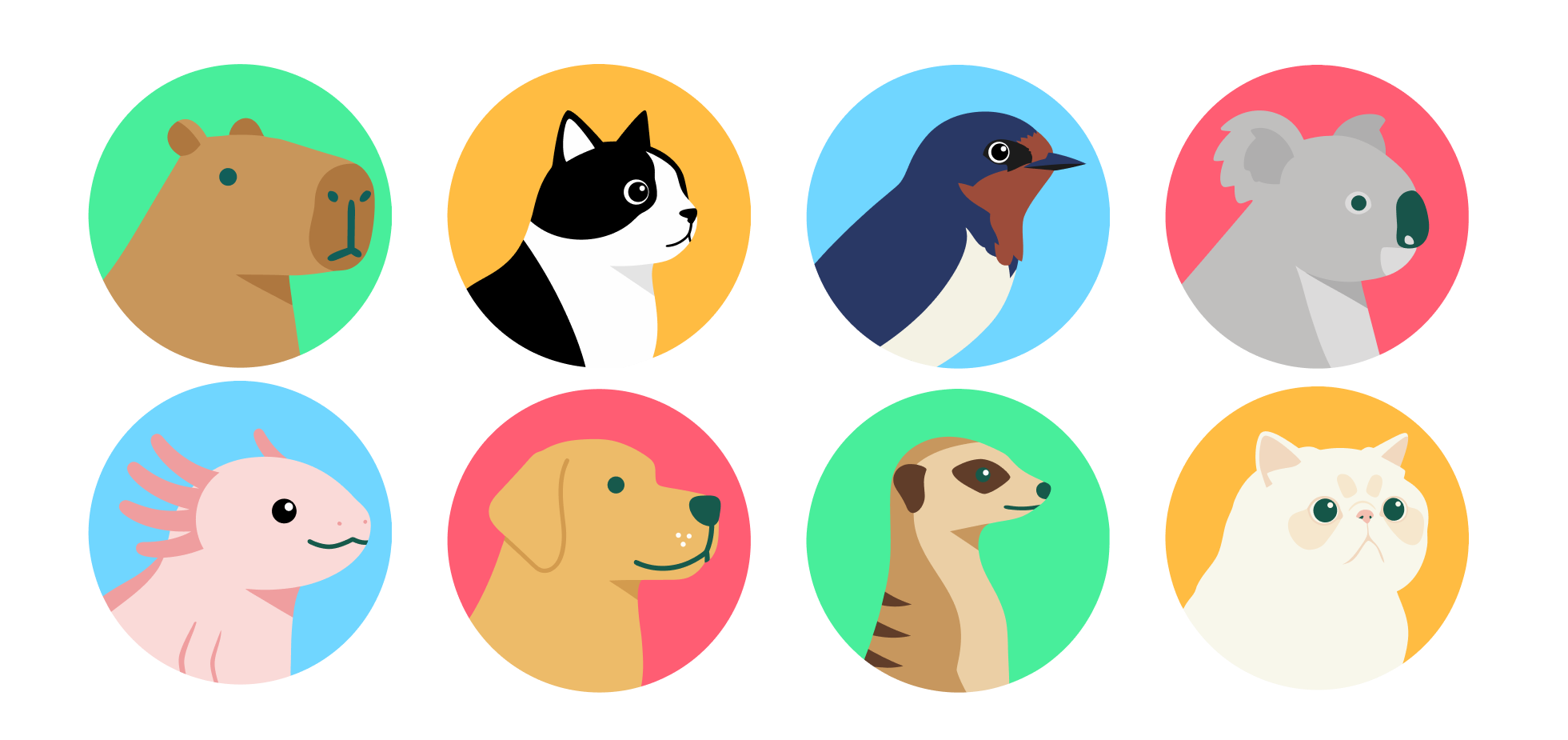 Eight custom animal avatars used as default profile pictures on Chatati