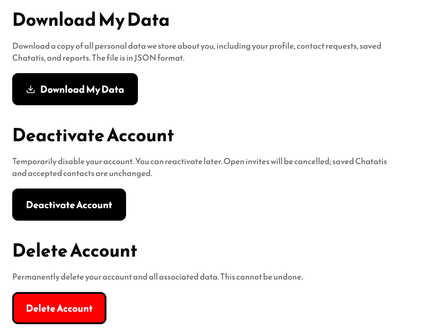 Chatati data download, account deactivation, and deletion options