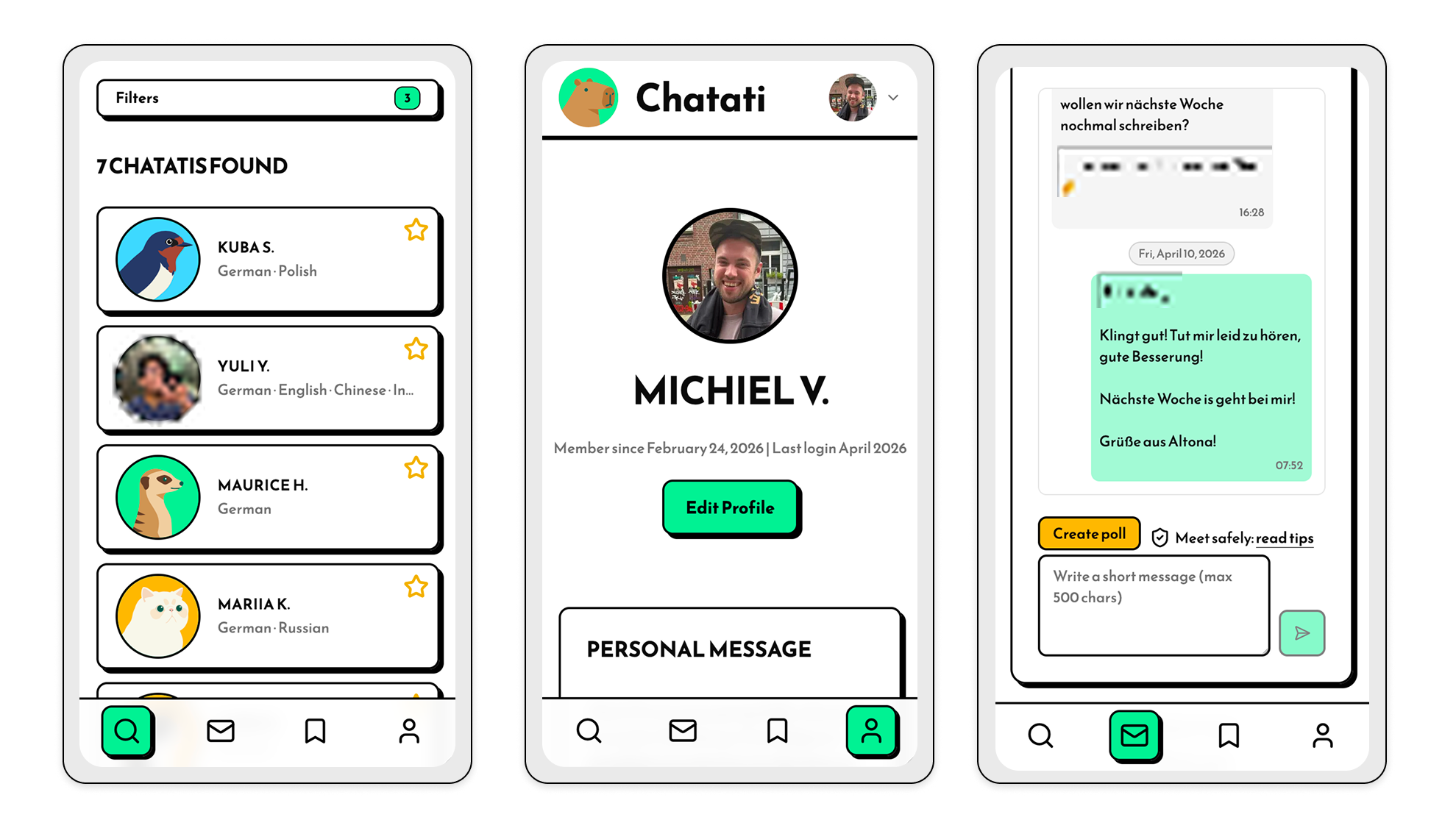 Chatati on mobile: search, profile, and messaging screens